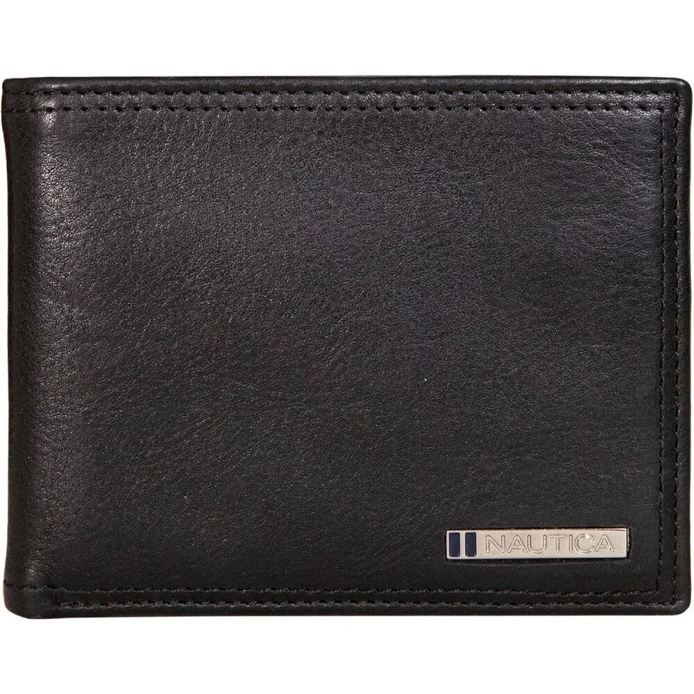 Men's Logo - Black Bifold Leather Wallet RFID Blocking ID Window Card Slots